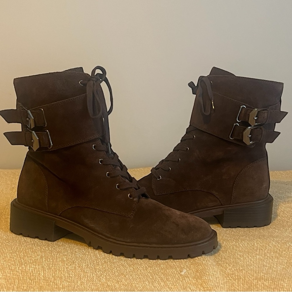 Vince Camuto Brown Women' s Fawdry Suede Buckle Combat & Lace-up Boots, US 11M
